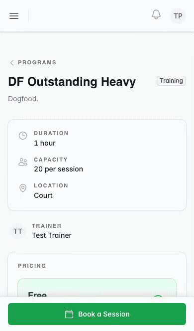 Booking a program on your phone: choose who it is for, pick a session, review, and confirm
