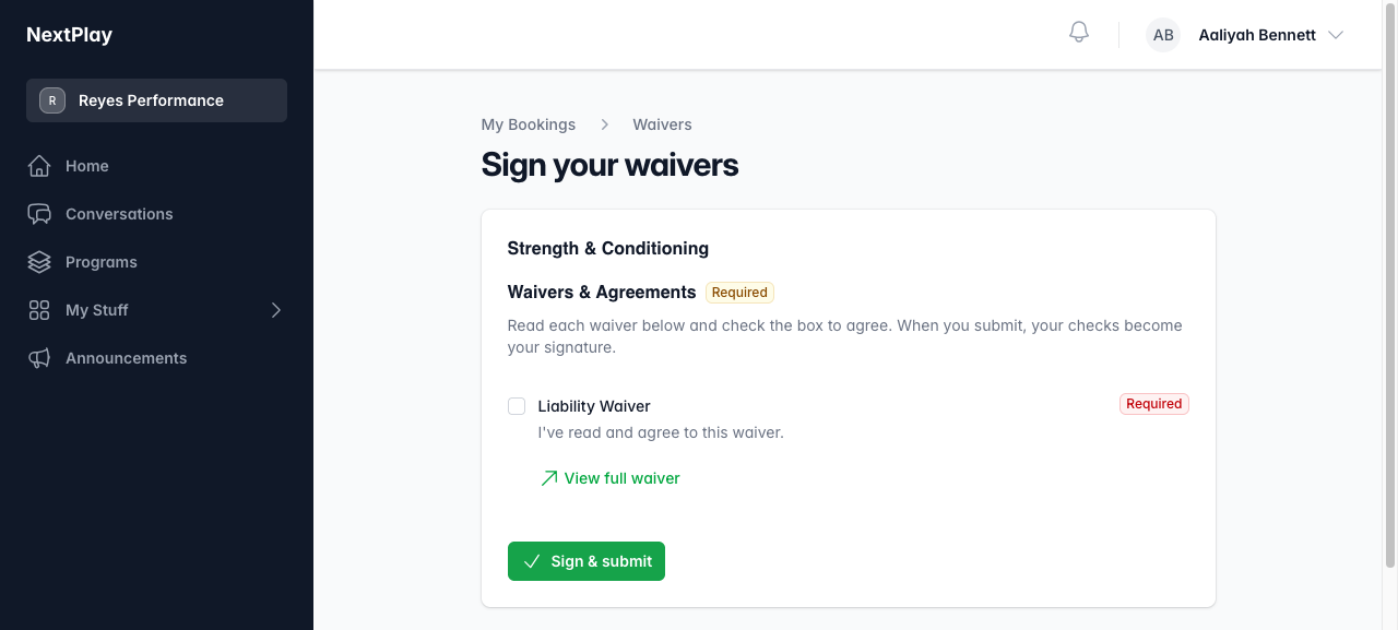 Signing a required waiver by checking the box and tapping Sign and submit