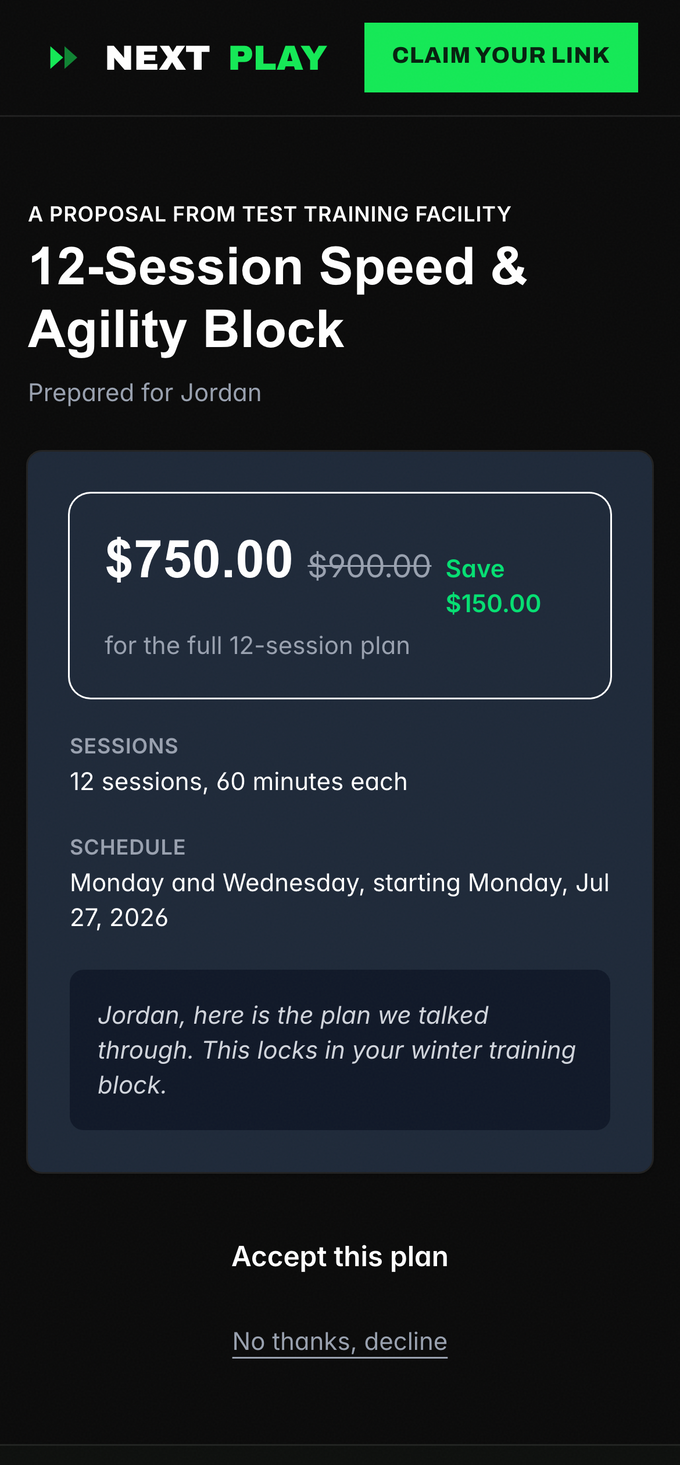 The proposal offer page a prospect opens on their phone: the offer title, the discounted $750 price with $900 struck through, the schedule, the note, and an Accept this plan button